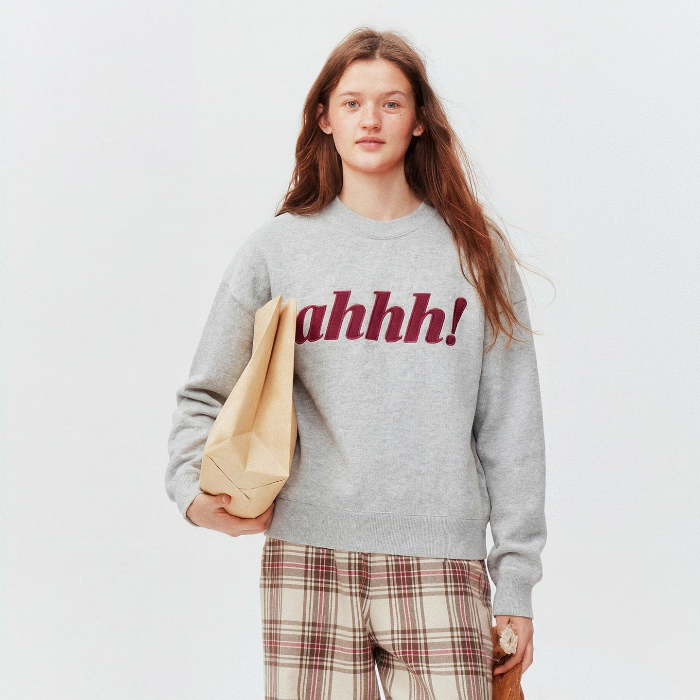 AHHH Logo Print Loose Sweatshirt - Gray